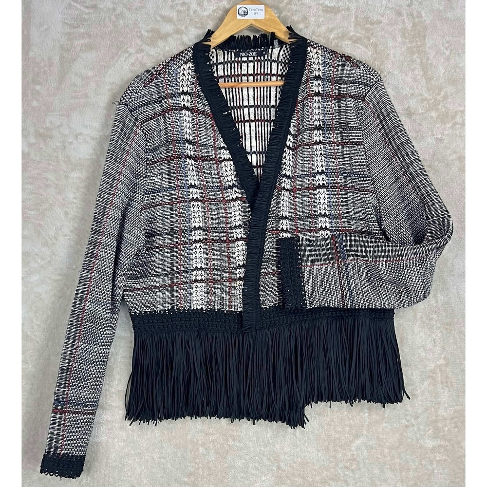 NIC+ZOE Womens XL Plaid Fringe Trim Open Front Cardigan Jacket Black White Red